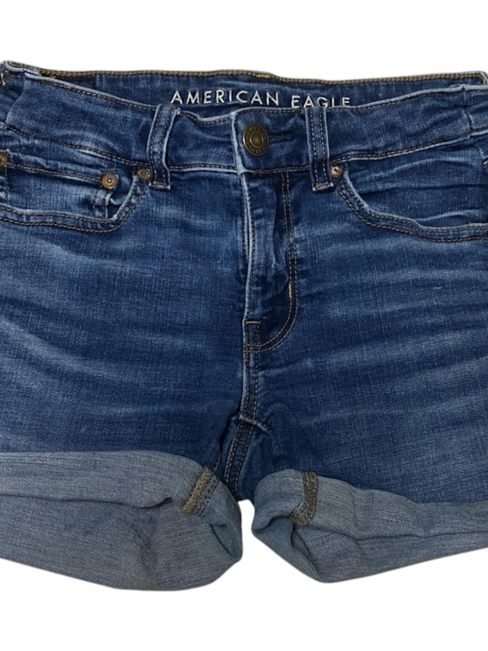 American Eagle Women's Dark Blue MIDI Denim Roll-Cuff Shorts Size 4 Stretch